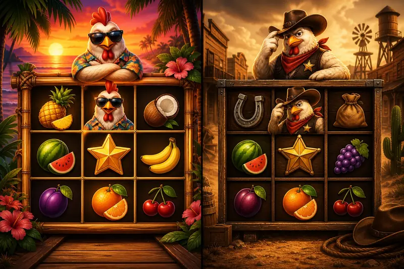 Chicken Fire vs Chicken Rush: Fire is BGaming's 3x3 portrait Hold and Win slot, Rush is the earlier 97% RTP chicken game